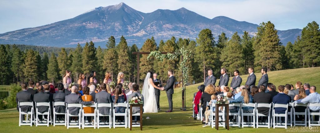 Wedding Photography of ceremony in front of Flagstaff mountains, Flagstaff, AZ.